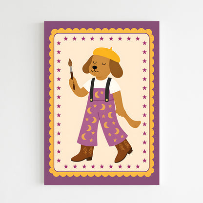 Chien artiste dans un cadre étoilé