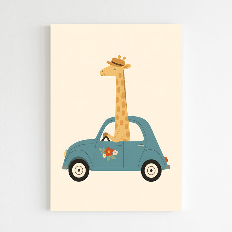 La girafe conduisant une petite voiture