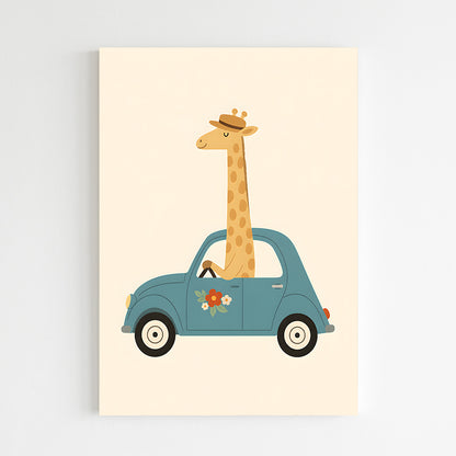 La girafe conduisant une petite voiture