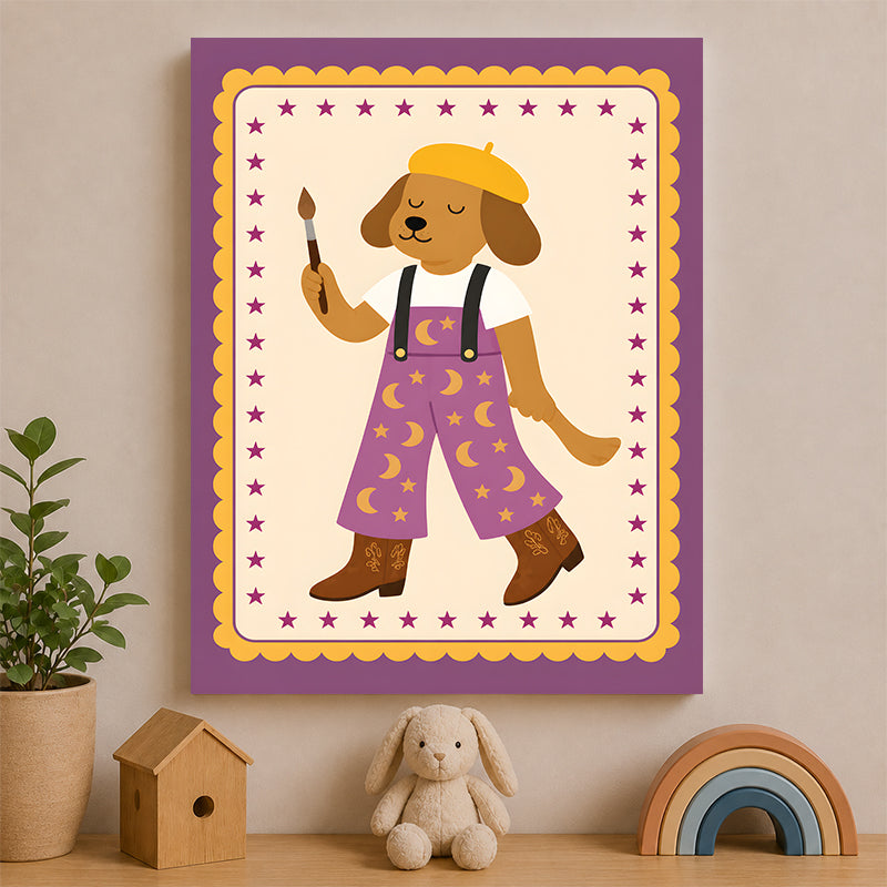 Chien artiste dans un cadre étoilé