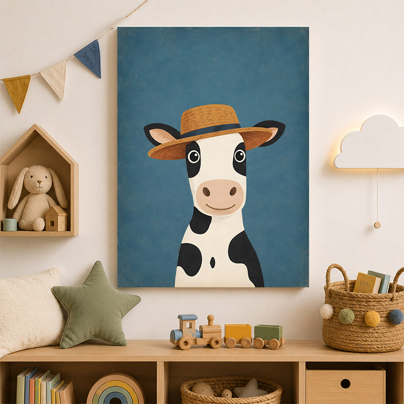 Vache souriante avec chapeau en paille